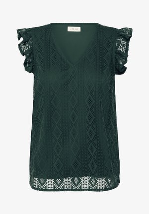 Tamnozeleni top s v-izrezom i teksturiranim dijamantnim uzorcima, čipkastim volanima na rukavima i bijelim geometrijskim detaljima duž donjeg ruba.