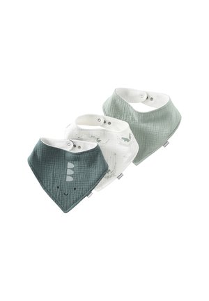 Three soft cotton baby bibs with snap closures, featuring solid green, white with dragon prints, and dark green with a smiling face design.