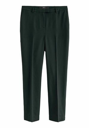 Pantalones oscuros de color verde ajustados con una textura suave, frente plano, trabillas para cinturón y piernas ajustadas, diseñados para una silueta ceñida.