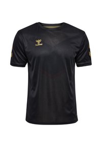Maglietta sportiva nera a maniche corte con un leggero luccichio, logo e dettagli dorati, motivo a zigzag e scollo rotondo.