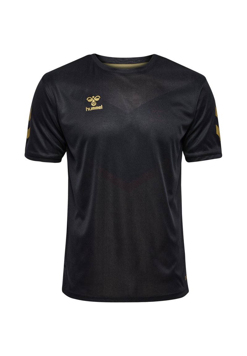 Maglietta sportiva nera a maniche corte con un leggero luccichio, logo e dettagli dorati, motivo a zigzag e scollo rotondo.