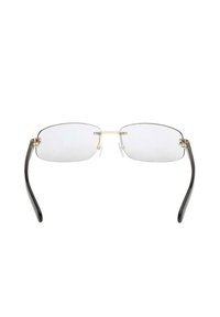 Occhiali in metallo con lenti rettangolari, montatura oro e nera, profilo sottile, naselli regolabili, finitura lucida sulle astine.