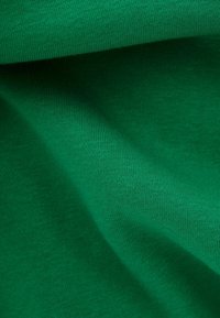 Tela de algodón verde que muestra una textura suave, ligeramente elástica con un patrón de tejido uniforme. Sin hardware o acentos visibles.
