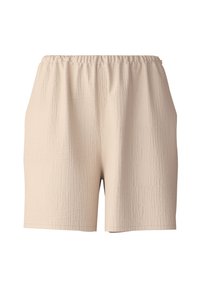 Beige, textuurshorts met een relaxte fit en een elastische tailleband. Eenvoudig ontwerp, midden boven de dijen en lichtgewicht stof.