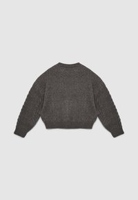 Cropped, dark grey knitted sweater with cable-knit sleeves and a ribbed hem. Textured fabric offers a soft appearance.