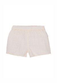 Shorts beige clair avec un tissu texturé, dotés d'une taille élastique froncée et de points surélevés subtils pour un look doux et décontracté.