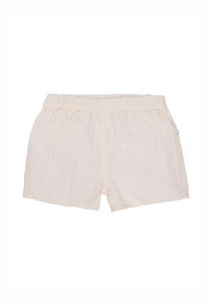 Shorts beige clair avec un tissu texturé, dotés d'une taille élastique froncée et de points surélevés subtils pour un look doux et décontracté.