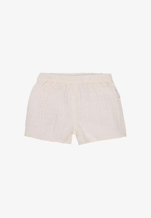 Lichtbeige shorts van een textuurstof, voorzien van een geplooide elastische tailleband en subtiele verhoogde stippen voor een zachte, casual uitstraling.