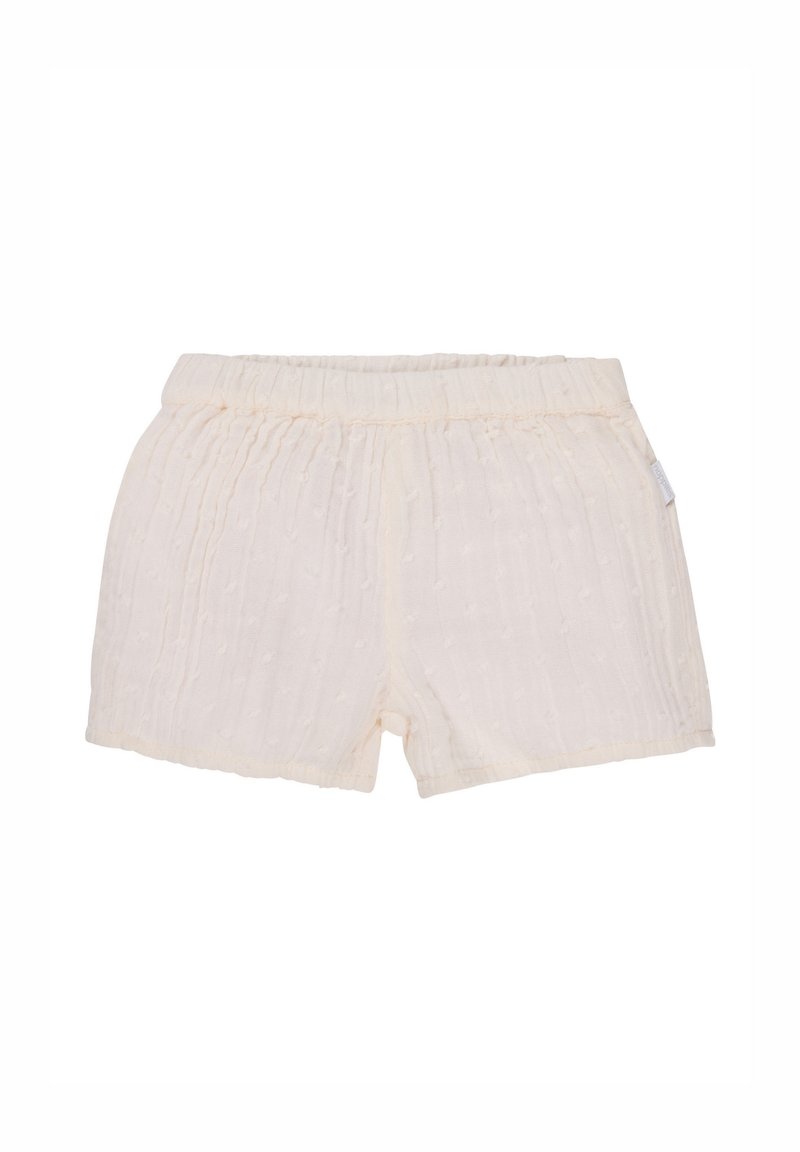 Shorts beige clair avec un tissu texturé, dotés d'une taille élastique froncée et de points surélevés subtils pour un look doux et décontracté.