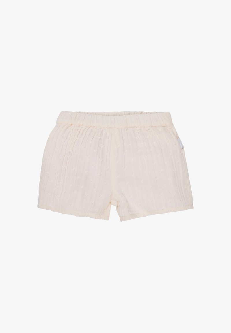 Shorts beige clair avec un tissu texturé, dotés d'une taille élastique froncée et de points surélevés subtils pour un look doux et décontracté.