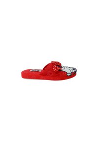 Pantofole rosse con suola piatta e imbottita, caratterizzate da un grande fiocco e una stampa di personaggi sulla punta. Tessuto morbido e motivo testurizzato sui lati.
