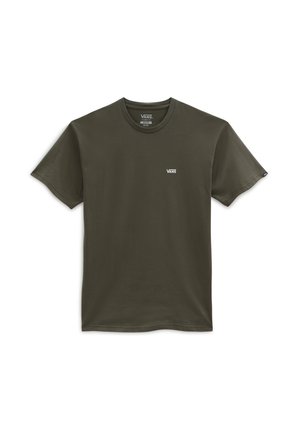 T-shirt Vans vert olive à manches courtes avec petit logo Vans blanc sur la poitrine gauche sur fond blanc.