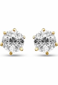 Orecchini a bottone rotondi con pietre in zirconia cubica trasparente e sfaccettata, montate su una base in oro giallo con sei griffes.