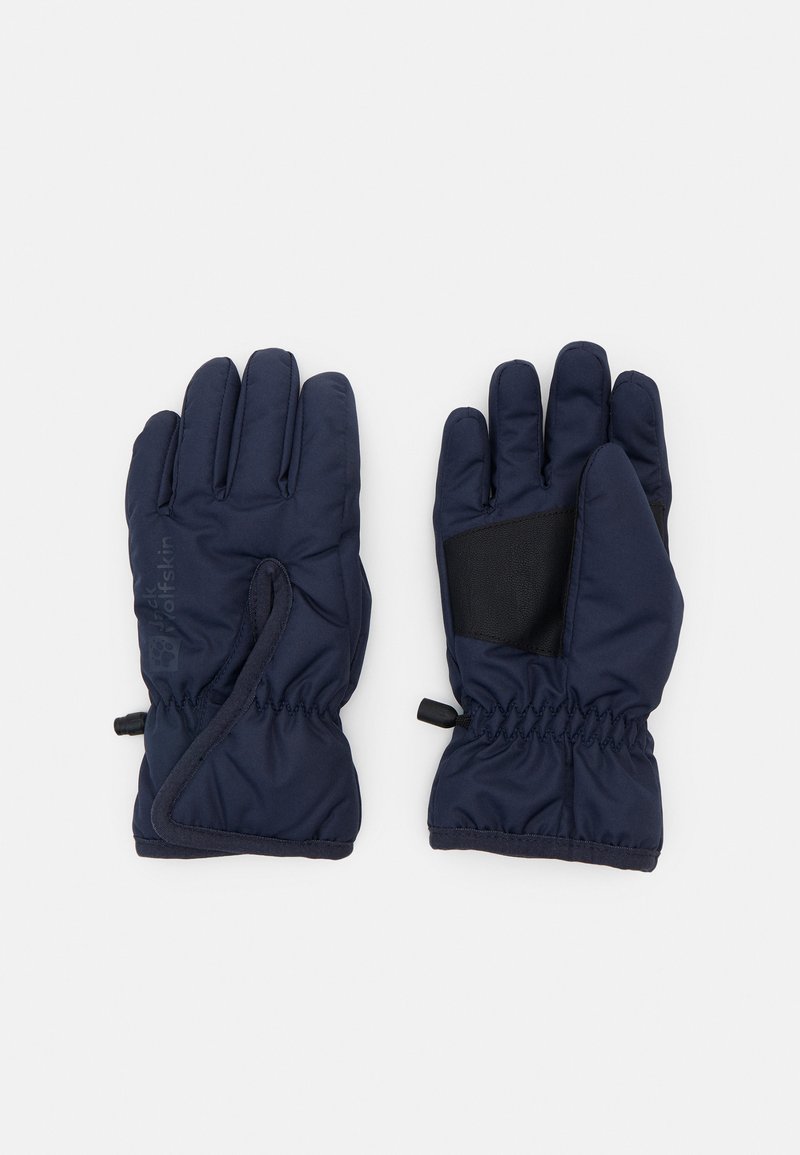 Luvas isoladas de um azul marinho, com um patch preto texturizado na palma e punhos elásticos. Apresentam um pulso ajustado para um encaixe confortável.