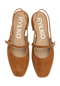 Brown suede slingback heels with a square toe, featuring a decorative ankle strap and a small metal buckle. Brand logo visible on insole.