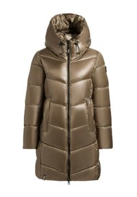 Lange pufferjas in metallic bruin. Kenmerkt zich door een hoge kraag, een ritssluiting aan de voorkant en zijzakken met een gequilte stijl en glanzende textuur.
