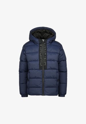 Granatowa pikowana kurtka z czarnym zamkiem błyskawicznym, kapturem i detalem logo. Teksturowany, pikowany wzór z bocznymi kieszeniami.