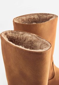 Bruine suede enkellaarzen met een zachte, textuurvolle faux bont voering. Glad exterieur met nette stiksels rond de bovenrand. Minimalistisch ontwerp.
