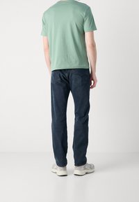 Mintgrøn kortærmet t-shirt parret med mørkeblå denimjeans og lyse sportssko, set bagfra.