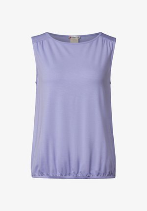 Top sin mangas de lavanda hecho de una tela suave, con cuello redondo y detalle de dobladillo fruncido para un ajuste relajado.