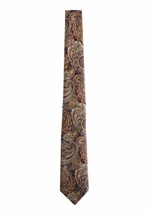 Necktie with intricate brown, beige, and burgundy paisley pattern on a dark background.