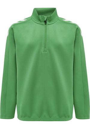 Grüner Quarter-Zip-Pullover aus glattem, leichtem Material; mit langen Ärmeln und weißen Akzentstreifen auf den Schultern.