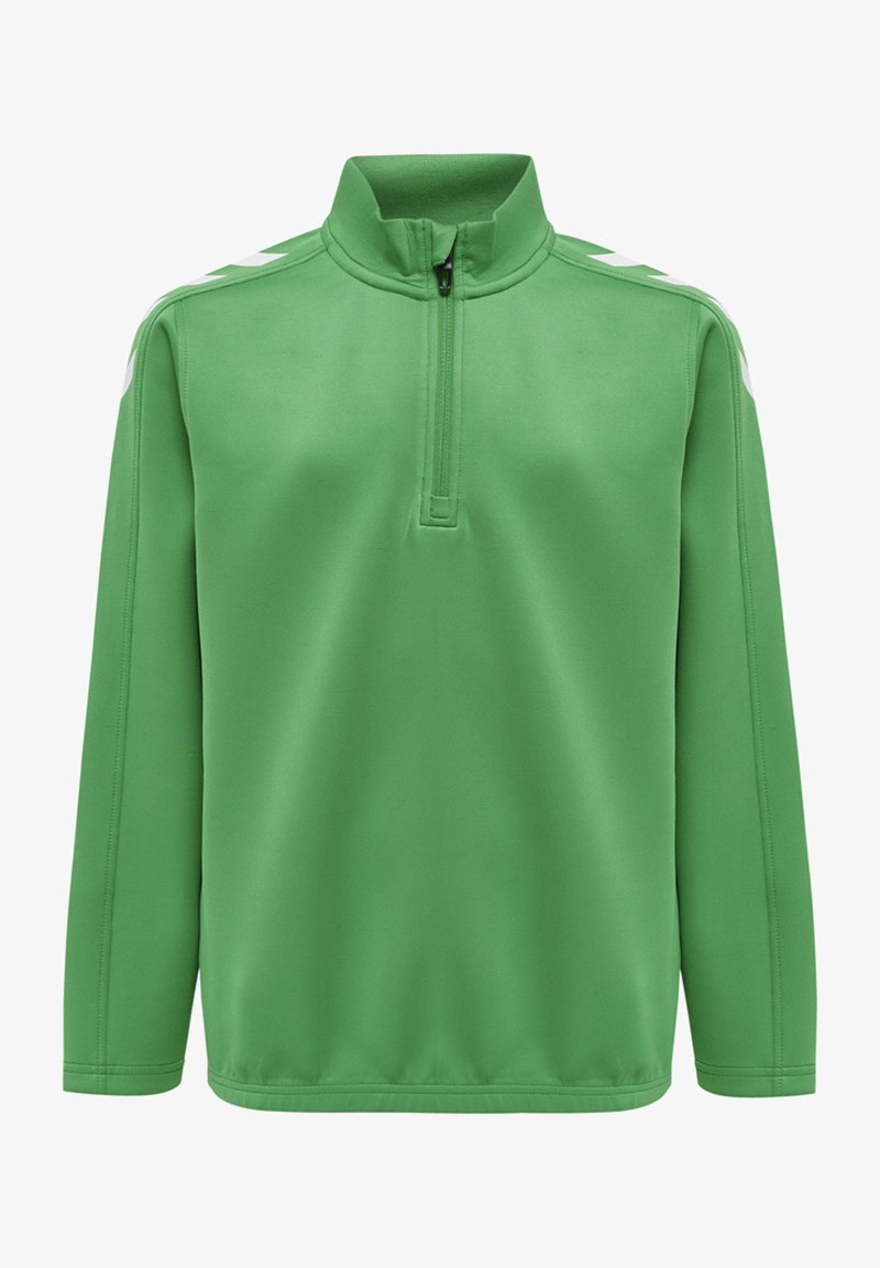 Groene quarter-zip pullover gemaakt van soepel, lichtgewicht materiaal; voorzien van lange mouwen en witte accentstrepen langs de schouders.