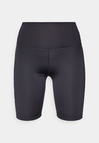 Černé sportovní šortky vyrobené z elastického materiálu, s vysokým pasem a hladkou texturou, bez viditelných vzorů nebo akcentů.
