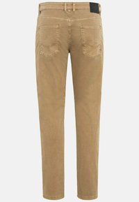 Beige katoenen broek met vijfzakken ontwerp, met achterzakken met gebogen stiksels en een lus voor een riem op de taille.