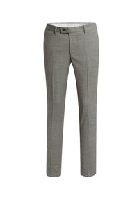 Light grey tailored men's trousers with button closure, belt loops, and crease down each leg on a white background.