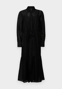 Musta pellavamekko pitkillä hihoilla, kauluskauluksella, kiristettävällä vyötäröllä ja kerroksellisella helmalla. Silkkinen kangas, jossa on pystysuorat raidat.