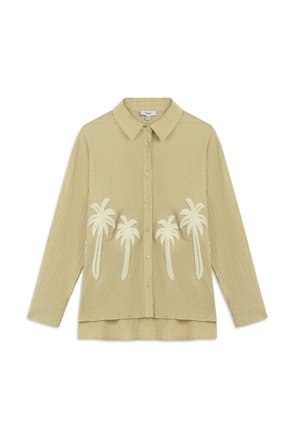 Light beige button-up shirt with a textured fabric, featuring white palm tree embroidery across the front and a classic collar.
