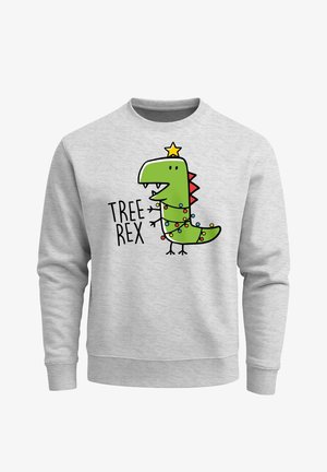 Gray sweatshirt featuring a cartoon dinosaur with a star on its head, draped in light strings, and the text "TREE REX" in bold black letters.