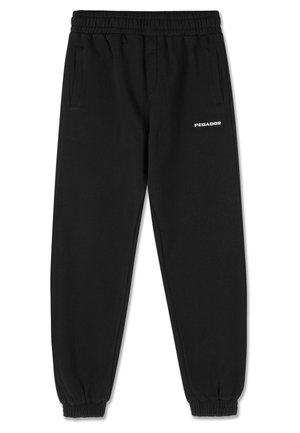 Black sweatpants made from soft material, featuring an elastic waistband, two side pockets, and "PEGADOR" logo in white on the front.