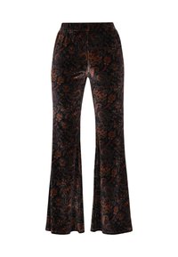 Pantaloni a zampa d'elefante in velluto scuro, con un motivo paisley in tonalità ruggine e oro, dotati di una vita elastica per il massimo comfort.