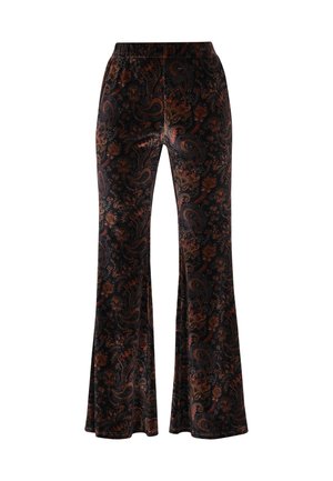 Pantaloni a zampa d'elefante in velluto scuro, con un motivo paisley in tonalità ruggine e oro, dotati di una vita elastica per il massimo comfort.