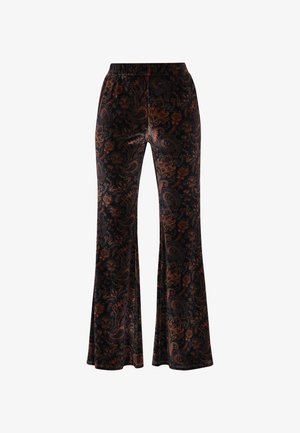 Flared pants in dark velvet, featuring a paisley pattern in rust and gold tones, with an elastic waistband for comfort.