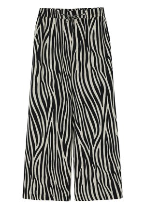 Pantalones de pierna ancha con un patrón de rayas de cebra en negro y crema, cinturilla elástica con cordón ajustable y bolsillos laterales.