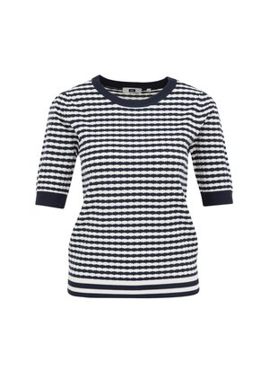 Haut en tricot avec un motif rayé bleu marine et blanc, coupe semi-ajustée, manches courtes, et bords côtelés.
