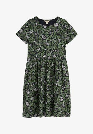 Kratka črna obleka s kratkimi rokavi, okrašena z zelenimi listi in majhnim vijoličnim cvetličnim vzorcem, z nabranim pasom in okroglim izrezom.