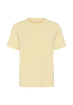 Plain light yellow short-sleeve crew neck T-shirt with a straight hem, displayed on a white background.