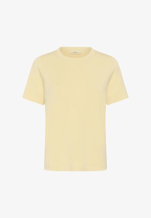 Plain light yellow short-sleeve crew neck T-shirt with a straight hem, displayed on a white background.