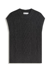 Tmavě šedý pletený svetr s kabelovým vzorem, krátkými rukávy a žebrovaným lemem. Vyrobeno z měkké, texturované látky.