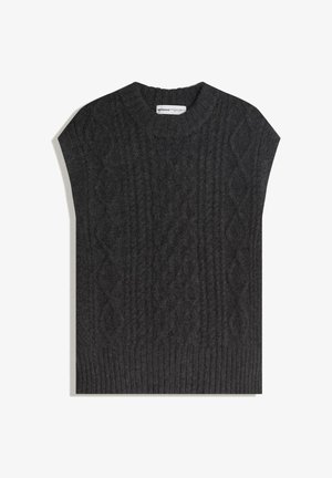 Dunkelgrauer gestrickter Pullover mit einem Zopfmuster, kurzen Ärmeln und einem gerippten Saum. Hergestellt aus einem weichen, strukturierten Stoff.