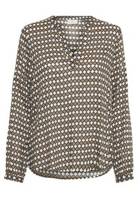 Blouse à manches longues avec col en V, présentant un motif losange marron et blanc et des poignets boutonnés.