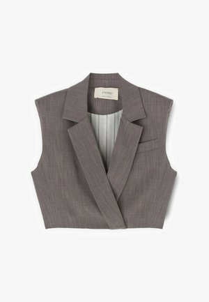 Blazer sans manches, court et ajusté, en gris avec revers, une poche poitrine et un motif texturé subtil.