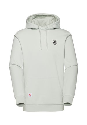 Hoodie gris clair en tissu doux, doté d'un cordon de serrage, d'une poche kangourou et d'un patch logo noir sur la poitrine.