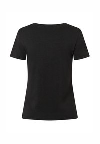 Schwarzes Kurzarm-T-Shirt mit rundem Ausschnitt, glatter Textur und einfachem Design. Die Rückseite ist ohne zusätzliche Details.