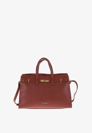 Braune strukturierte Ledertasche mit doppelten Obergriffen, goldfarbigem Verschluss, abnehmbarem Schultergurt und kleinem Markenlogo auf der Vorderseite.