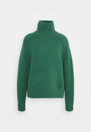Pull à col roulé vert en tricot avec manches longues et poignets et ourlet côtelés sur un fond blanc uni.